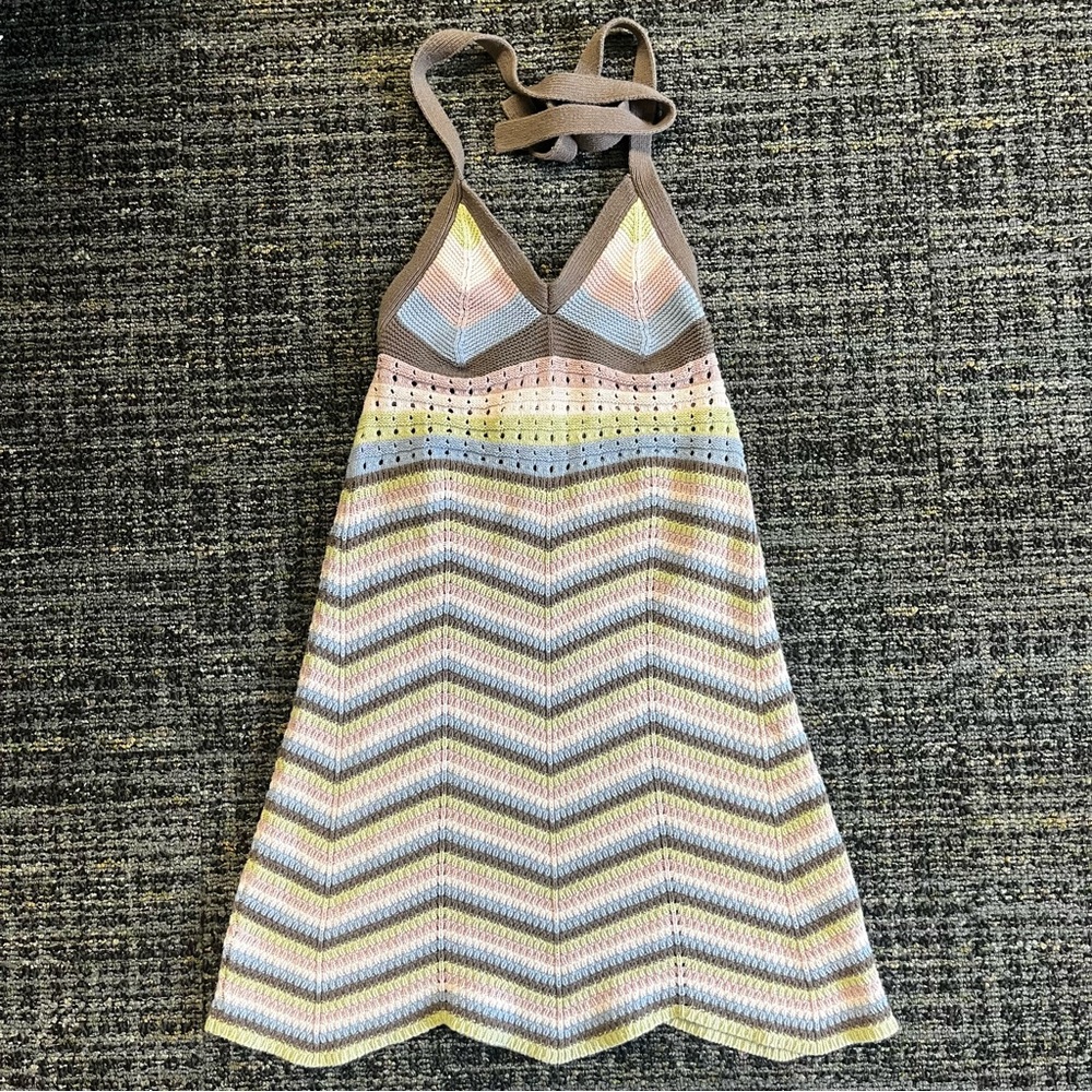 Pink Rose Pastel Stripped Crochet Halter Sundress